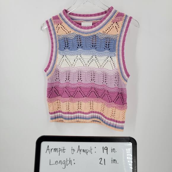 Pink Rose Sweater Vest Womens Medium Striped Open Knit Pastels Preppy Coastal - Picture 10 of 10